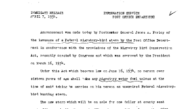 Announcement of Issuance of Federal Migratory-Bird Stamp by Post Office Department April 7, 1934