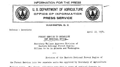 Forest Service to Establish New Regional Office April 12, 1934