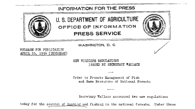 New Wildlife Regulations Issued by Secretary Wallace April 19, 1934