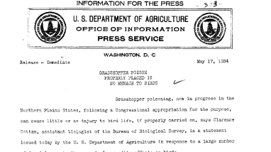 Grasshopper Poison Properly Placed Is No Menace to Birds May 17, 1934