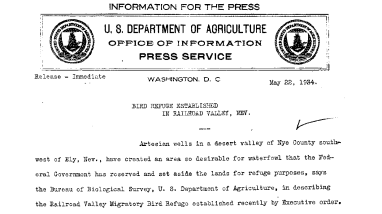 Bird Refuge Established in Railroad Valley, Nev. May 22, 1934