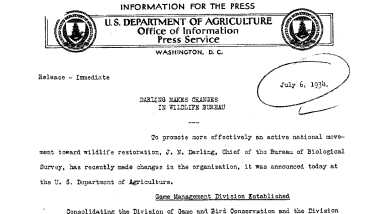 Darling Makes Changes in Wildlife Bureau July 6,1934
