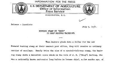 Hunting Stamp by "Ding" to Help Restore Waterfowl July 9, 1934