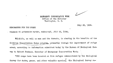 C.C.C. Benefits Wildlife, Says Biological Survey July 20, 1934