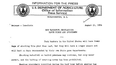 New Waerfowl Regulations Favor Birds and Sportsmen August 21, 1934