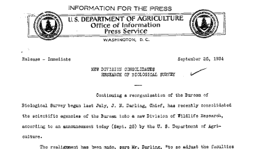 New Division Consolidates Research of Biological Survey September 25, 1934