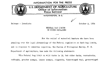Federal Bag Limits on Ducks Explained October 2, 1934a