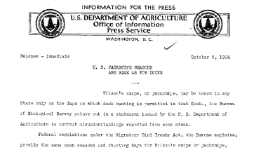 U.S. Jacksnipe Season Are Same as for Ducks October 6, 1934