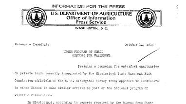 Urges Program of Small Refuges for Waterfowl October 13, 1934