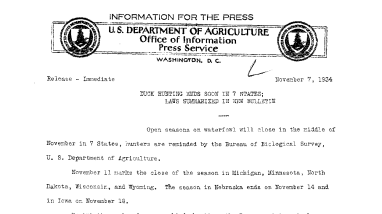 Duck Hunting Ends Soon in 7 States; Laws Summarized in New Bulletin November 7, 1934a