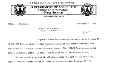 183,407 Duck Stamps Sold in 18 States November 22, 1934
