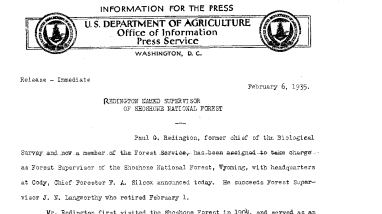 Redington Named Supervisor of Shoshone National Forest February 6, 1935