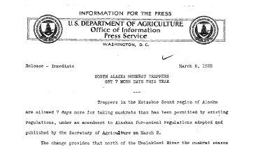 North Alaska Muskrat Trappers Get 7 More Days This Year --March 6, 1935