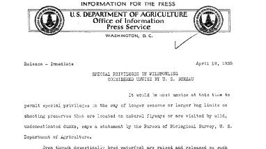 Special Privileges in Wildfowling Considered Unwis by U.S. Bureau April 19, 1935a