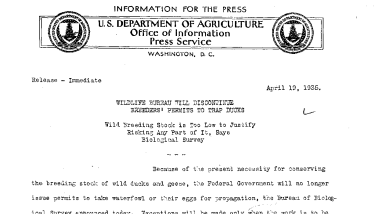 Wildlife Bureau Will Discontinue Breeders' Permits to Trap Ducks April 19, 1935b