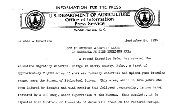 CCC to Restore Valentine Lakes in Nebraska as Bird Breeding Area September 11, 1935