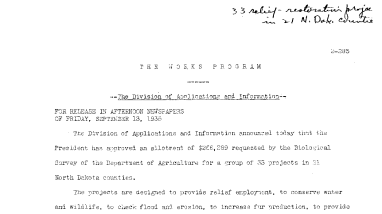 33 Relief-Restoration Projects in 21 North Dakota Counties September 13, 1935 B