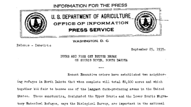 Ducks and Fish Get Better Break on Souris River, North Dakota September 25, 1935