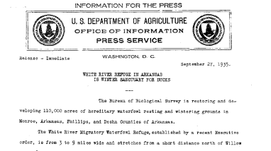 White River Refuge in Arkansas Is Winter Sanctuary for Ducks September 27, 1935 A