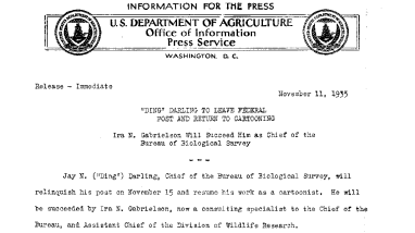 "Ding" Darling to Leave Federal Post and Return to Cartooning November 11, 1935