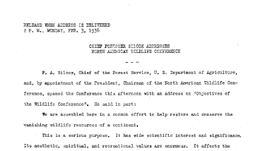 Chief Forester Silcox Addresses North American Wildlife Conference February 3, 1936