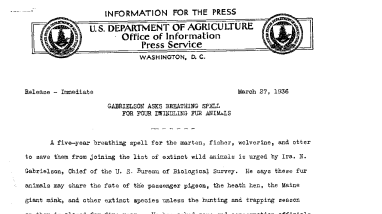 Gabrielson Asks Breathing Spell for Four Dwindling Fur Animals March 27, 1936