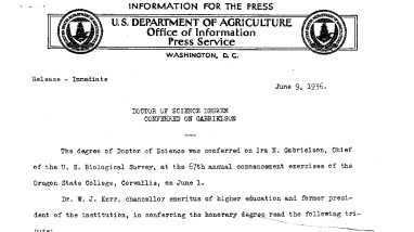Doctor of Science Degree Conferred on Gabrielson June 9, 1936