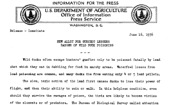 New Alloy for Gunshot Lessens Danger of Wild Duck Poisoning June 16, 1936