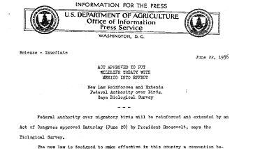 Act Approved to Put Wildlife Treaty With Mexico Into Effect June 22, 1936