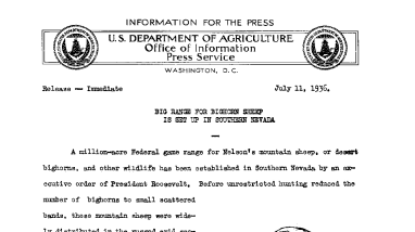 Big Range for Bighorn Sheep Is Set up in Southern Nevada July 11, 1936 A