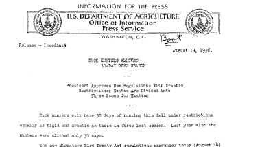 Duck Hunters Allowed 30-Day Open Season August 14, 1936