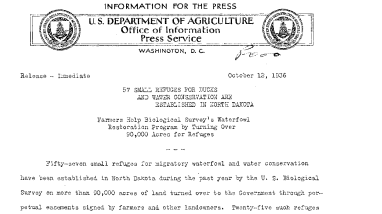 57 Small Refuges for Ducks and Water Conservation Are Established in North Dakota October 12, 1936 B