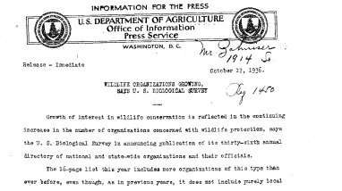 Wildlife Organizations Growing Says U.S. Biological Survey October 17, 1936 A