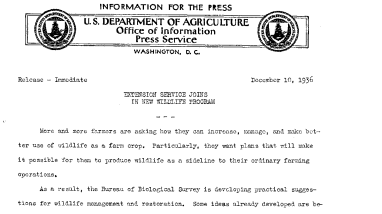 Extension Service Joins in New Wildlife Program December 10, 1936