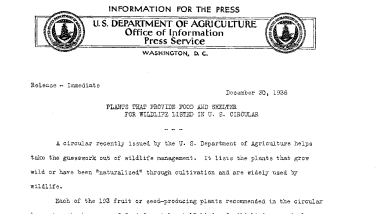 Plants That Provide Food and Shelter for Wildlife Listed in U.S. Circular December 30, 1936