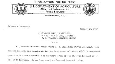 2,200-Acre Tract in Maryland, Becomes U.S. Wildlife Research Refuge (Patuxent Research Refuge) January 15, 1937