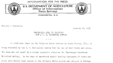 Chautauqua Area in Illinois Now A U.S. Watrfowl Refuge January 16, 1937