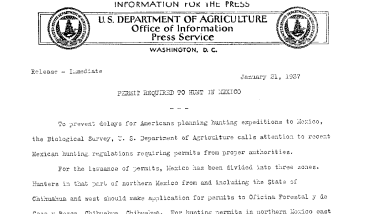 Permit Required to Hunt in Mexico January 21, 1937