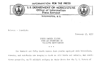 North Dakota Youths Work as Observers on Wildlife Sanctuaries February 23, 1937