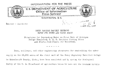 Seney Marshes Rapidly Becoming Haven for Ducks and Geese Again March 15, 1937 A