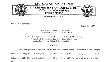 Okefenokee Swamp in Georgia Becomes U.S. Wildlife Haven April 8, 1937