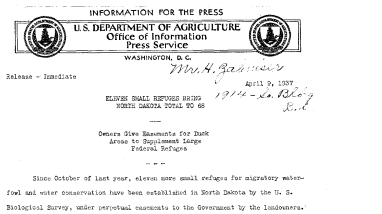 Eleven Small Refuges Bring North Dakota Total to 68 April 9, 1937