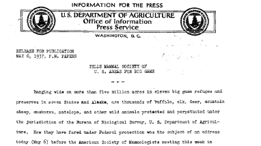 Tells Mammal Society of U.S. Areas for Big Game May 6, 1937 A