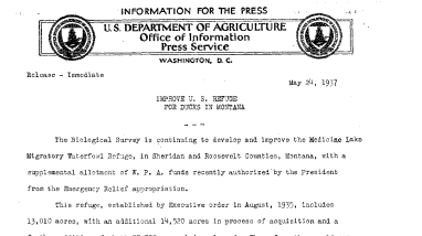 Improve U.S. Refuge for Ducks in Montana (Medicine Lake) May 24, 1937