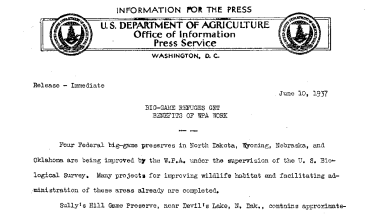 Big-Game Refuges Get Benefits of Wpa Work (Sully's Hill Game Preserve, Elk Refuge,valentine Refuge, Wichita Mountain Refuge) June 10, 1937