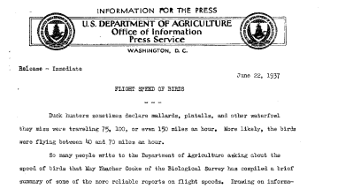 Flight Speed of Birds June 22, 1937