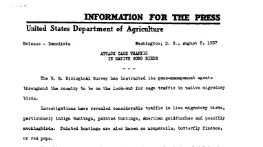 Attack Cage Traffic in Native Song Birds August 5, 1937