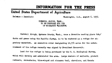 Turnbull Slough, Washington, to Be Restored for Use of Migratory Waerfowl August 6, 1937