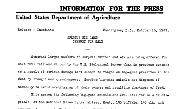 Surplus Big-Game Offered for Sale October 15, 1937