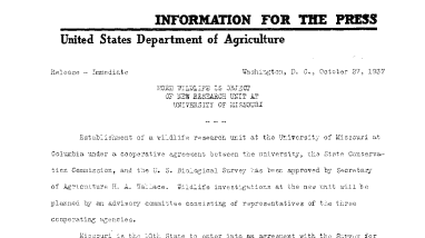 More Wildlife Is Object of New Research Unit at University of Missouri October 27, 1937